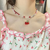 Hivava  -  Y2K Red Cherry Heart Beaded Choker Necklace Women Boho Layered Bead Cherry Pendant Necklaces Vintage New Necklace Jewelry