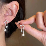 Hivava  -  Fashion Sliver Color Asymmetric Cross Star Chain Tassel Earring For Women New Trendy Shiny Crystal Drop Earring Y2K Jewelry