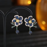 Hivava Earrings With Micro Inlay Of Colored Cubic Zirconia Flexible Leaves, Elegant Earrings Three-Dimensional Flower Earrings