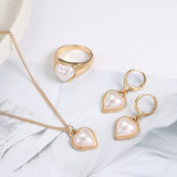 Hivava  -  Fashion 3-piece Set Pearl Jewelry Set for Women Korean Heart Ring Pendant Necklace Hoop Earrings Set Trendy Elegant Wedding Gift