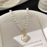 Hivava Korean Elegant Pearl Beads Necklace for Women Fashion Rhinestone Shell Heart Pendant Necklace Girl Charms Vintage Choker Jewelry