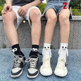 Hivava  1 Pairs Creative Couple Socks Magnetic Socks with Eyes and Hands Mid Tube Sweat-absorbing Stockings Cartoon Lovers Friends Socks