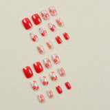 Hivava 24Pcs Short Fake Nails Red Press on Nails with Colorful Flowers Design Fashion False Nail Tip Manicure Wearable Detachable