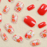 Hivava 24Pcs Short Fake Nails Red Press on Nails with Colorful Flowers Design Fashion False Nail Tip Manicure Wearable Detachable