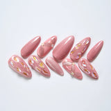 Hivava  10Pcs Handmade Glossy Long Almond Press On Nail Pinkish False Nail With Rhinestone Reusable Fake Nails For Women Valentine's Day