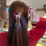 Hivava  -  Butterfly Tassel Pearl Hair Claw Red Flower Festival Hairpin For Girls Ponytail Hair Clips Crab Women Fashion Accessories Gifts