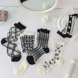 Hivava  Fashion Summer Woman Socks Casual Black White Crystal Silk Socks Women Cotton Bottom Ultra-thin Transparent Harajuku Crew Socks