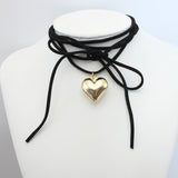 Hivava New Goth Black Velvet Big Heart Pendant Choker Necklace for Women Elegant Weave Knotted Bowknot Adjustable Chain Jewelry