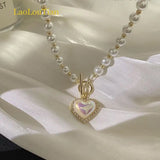 Hivava Korean Elegant Pearl Beads Necklace for Women Fashion Rhinestone Shell Heart Pendant Necklace Girl Charms Vintage Choker Jewelry