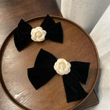 Hivava  -  Elegant Black Velvet Camellia Hair Clip Rhinestone Bowknot Spring Clip Women Korean Hair Styling Barrettes Ribbon Bow Hairpins