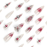 Hivava 24pcs Long Pointed Goth Style Press on Nail Tips with Red Rhinestone Design Full Cover Wearable Artificial Nail Patch for Girls