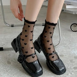 Hivava  Lace Socks Sexy Ruffled Mesh Socks Sweet Lolita Lace Socks Black Love Heart Mesh Stockings Women Hosiery Accessories