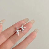 Hivava  -  Fashion Silver Color Cross Star Zircon Stud Earrings for Women Girl Korean Four-Pointed Star Personality Earrings Jewellery