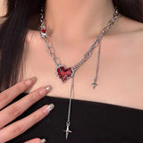 Hivava  -  Y2K Irregular Star Red Heart Necklace Titanium Steel Chain Dark Love Ghost Claw Tassel Necklaces Gothic Red Heart Necklace Egirl