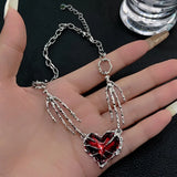 Hivava  -  Y2K Irregular Star Red Heart Necklace Titanium Steel Chain Dark Love Ghost Claw Tassel Necklaces Gothic Red Heart Necklace Egirl