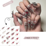 Hivava 24pcs Long Pointed Goth Style Press on Nail Tips with Red Rhinestone Design Full Cover Wearable Artificial Nail Patch for Girls