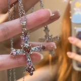 Hivava Y2K Zircon Cross Necklace Pink Purple Love Heart Cross Pendant Necklaces for Women Gothic Jewelry Party Girls Accessories