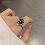 Hivava  -  Korean Black Rose Shaped Metal Opening Rings for Woman Girls Fashion Luxury Zircon Adjustable Index Finger Rings Jewelry Party