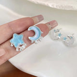 Hivava  -  Korean Simple Blue Opal Star Moon Stud Earrings for Women Exquisite Zircon Cross Planet Round Earrings Aesthetic Jewelry Gifts