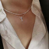 Hivava  -  Fashion Silver Color Double Layer Cross Pendant Necklaces For Women Sparkling Clavicle Chain Choker Charm Necklace Jewelry Gifts