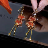 Hivava  -  jewelry Korean New Red Maple Leaf Simple Earrings For Women Exquisite Sparkling Zircon Leaf Tassel Earrings Fashion Temperament Jewelry