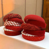 Hivava  -  New Vintage Red Womens Headband Woolen Velvet Hair Band Headwear Girl Side Sponge Hair Hoop Christmas Day Hair Accessories