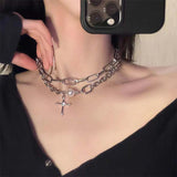 Hivava  -  Punk Cross Pendant Chain Necklace for Women Kpop Multilayer Imitation Pearl Choker Necklace Rhinestone Pendant Necklace Jewelry