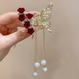 Hivava  -  Butterfly Tassel Pearl Hair Claw Red Flower Festival Hairpin For Girls Ponytail Hair Clips Crab Women Fashion Accessories Gifts