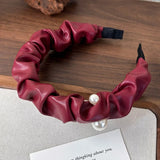 Hivava  -  Retro Red Leather Wide Sponge Headband Pearl Hair Band for Woman Fashion Temperament Hair Hoop Female Party Hair Accessories New