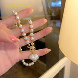 Hivava Korean Elegant Pearl Beads Necklace for Women Fashion Rhinestone Shell Heart Pendant Necklace Girl Charms Vintage Choker Jewelry