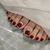 hivava Press On False Toenails Wine Red False Toenails with Rhinestones Design Women Lady Summer Feet Nail DIY Manicure Fake Toenails