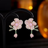 Hivava Earrings With Micro Inlay Of Colored Cubic Zirconia Flexible Leaves, Elegant Earrings Three-Dimensional Flower Earrings