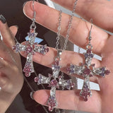 Hiava  -  Kiss Jewelry Pink Rhinestone Cross Pendant Necklace Earrings 3pcs/set for Women Fashion Luxury Y2K Goth Necklace Collar Gift