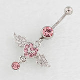 Women Surgical Steel Navel Piercing Pink Color Crystal Heart Wing Belly Button Ring Dangle Personality Body Jewelry Accessories