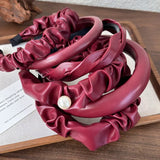 Hivava  -  Retro Red Leather Wide Sponge Headband Pearl Hair Band for Woman Fashion Temperament Hair Hoop Female Party Hair Accessories New