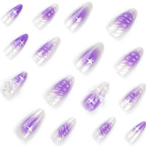 Hivava 24pcs 3D Butterfly Fake Nail Patch Halo Dyed Gradient Purple Color False Nails Shiny Almond Press on Nail Wearable Full Cover