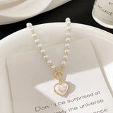 Hivava Korean Elegant Pearl Beads Necklace for Women Fashion Rhinestone Shell Heart Pendant Necklace Girl Charms Vintage Choker Jewelry