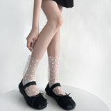 Hivava  Mesh Lace Socks Heart Print Sweet Girls Kawaii Cute Socks Women Summer Ultra-thin Transparent Black White Gray Loose Long Socks