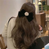 Hivava  -  Elegant Black Velvet Camellia Hair Clip Rhinestone Bowknot Spring Clip Women Korean Hair Styling Barrettes Ribbon Bow Hairpins