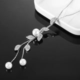 Hivava Korean Fashion Leaf Rhinestones Pearl Pendant Dangle Long Necklace Adjustable Elegant Tassel Sweater Chain Women Girl Jewelry