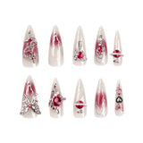 Hivava 24pcs Long Pointed Goth Style Press on Nail Tips with Red Rhinestone Design Full Cover Wearable Artificial Nail Patch for Girls