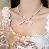 Hivava Kpop Y2K Aesthetic Lolita Pink Heart Bowknot Pendant Pearl Beaded Necklace For Girl 2000s EMO Goth Harajuku Jewelry Accessories