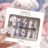 Hivava White Blue Color 3D Rabbit Star Rhinestone Designs-Full Cover Acrylic False Nails for Women and Girls Detachable Long Fake Nails