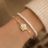 Hivava  -  Vintage White Camellia Flower Bracelets For Women Elegant Double Layer Simulated Pearl Beads Chain Bracelet Jewelry Trend