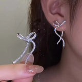 Hivava  -  Fashion Silver Color Ribbon Bow Drop Earrings for Women Girls Korean Style Rhinestone Bow Ear Studs Earrings Wedding Jewelry