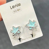 Hivava  -  Korean Simple Blue Opal Star Moon Stud Earrings for Women Exquisite Zircon Cross Planet Round Earrings Aesthetic Jewelry Gifts