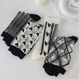 Hivava  Fashion Summer Woman Socks Casual Black White Crystal Silk Socks Women Cotton Bottom Ultra-thin Transparent Harajuku Crew Socks