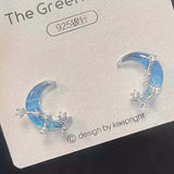 Hivava  -  Korean Simple Blue Opal Star Moon Stud Earrings for Women Exquisite Zircon Cross Planet Round Earrings Aesthetic Jewelry Gifts