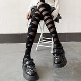 Hivava  Lolita Cross Straps Pantyhose Harajuku Bandages Hollowed Out Translucent Stockings Thin White Black Japanese Tied Long Socks