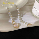 Hivava Korean Elegant Pearl Beads Necklace for Women Fashion Rhinestone Shell Heart Pendant Necklace Girl Charms Vintage Choker Jewelry